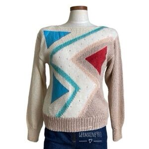 Vintage 80s Nannell Geometric Novelty Hand Knit Sweater Sz S